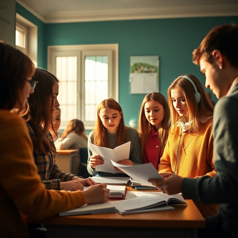 Grup de studenți români revizuind materiale pentru admiterea la facultate