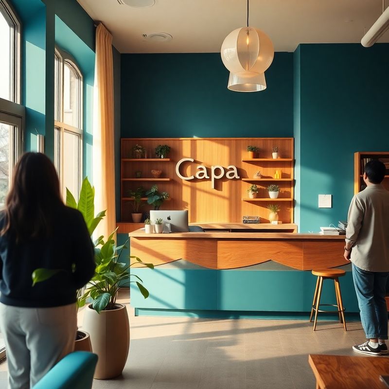 Interiorul recepției StrategyLogic cu design teal-modern
