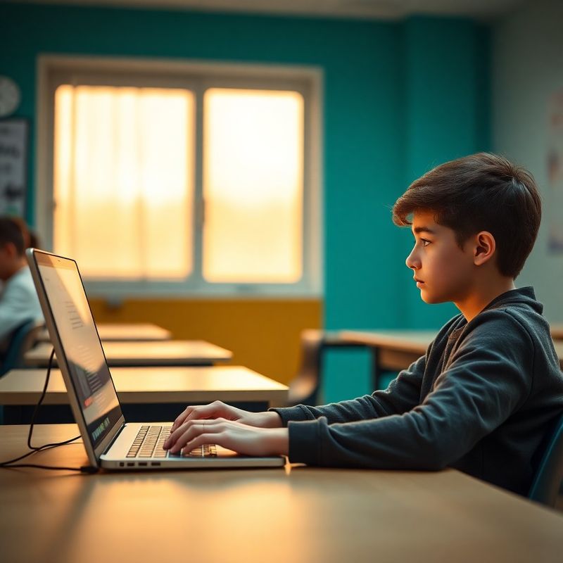 Elev de liceu scriind cod Python pe laptop în sala StrategyLogic